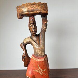 Hand-Carved Wooden Sculpture of Figure in Red Skirt